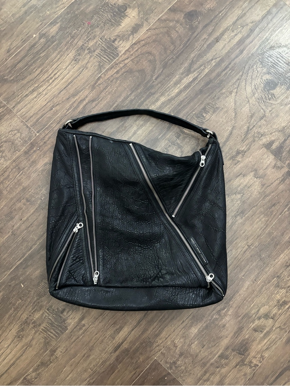Marc Jacobs Black Leather Shoulder Bag with Silver Zippers